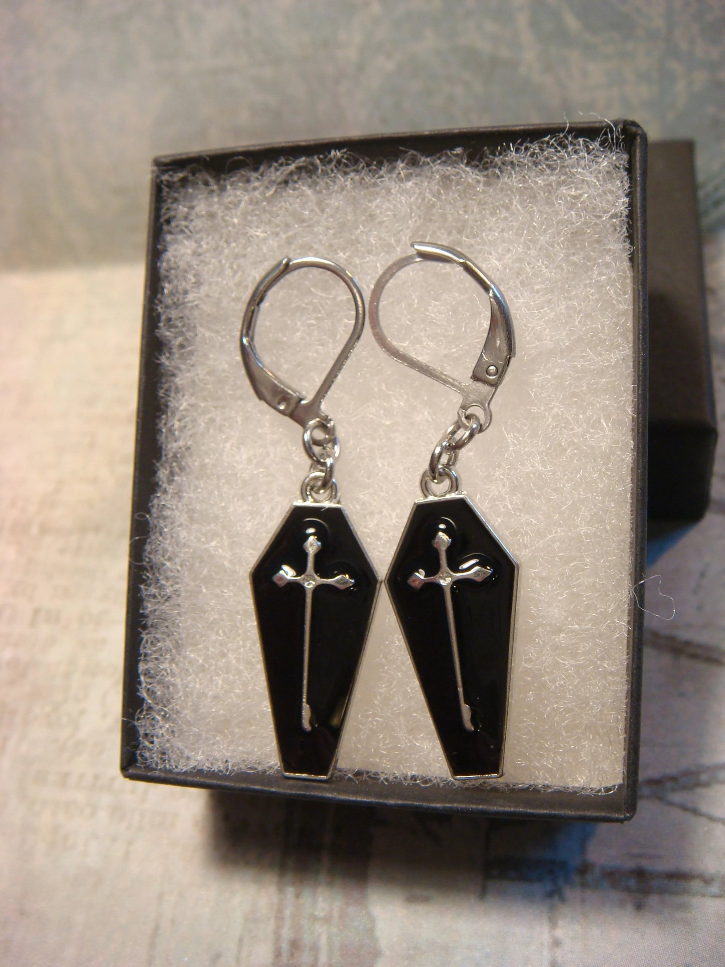 Black Coffin Dangle Earrings in Antique Silver