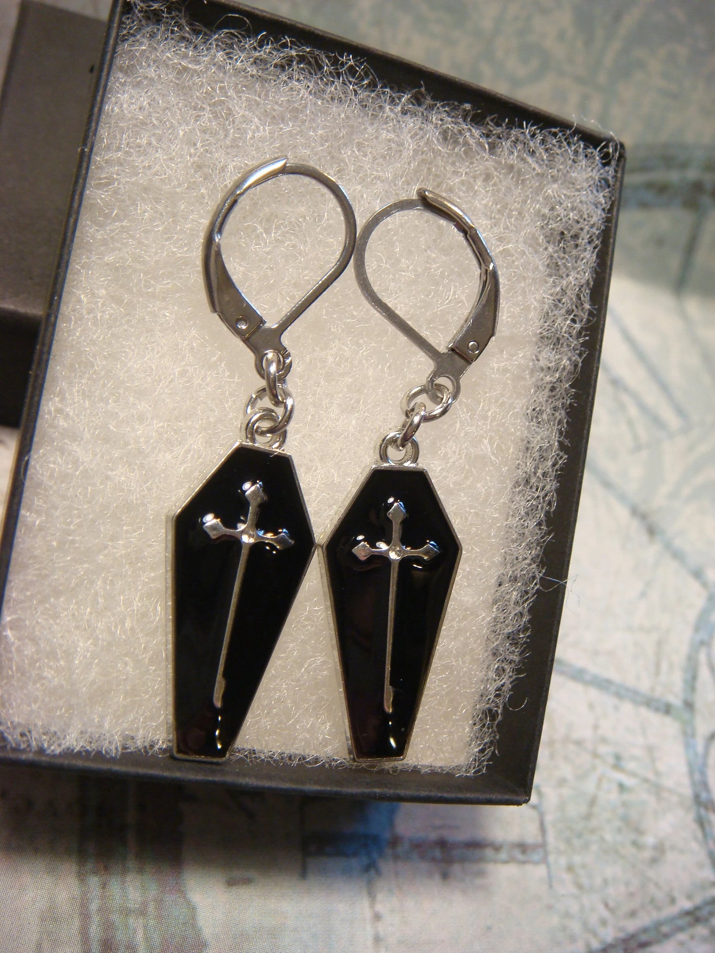 Black Coffin Dangle Earrings in Antique Silver