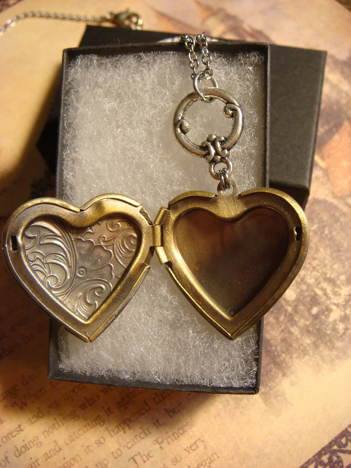 Cat Heart Locket Necklace in Antique Silver and Bronze