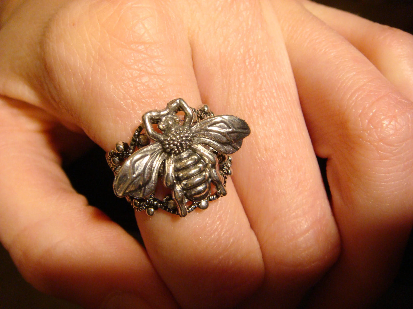 Bee Filigree Ring in Antique Silver - Adjustable