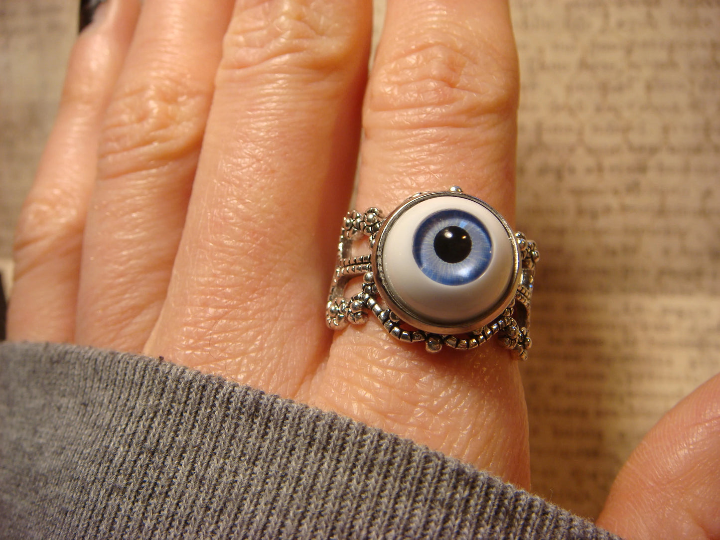 Eyeball Filigree Ring in Antique Silver and Blue - Adjustable