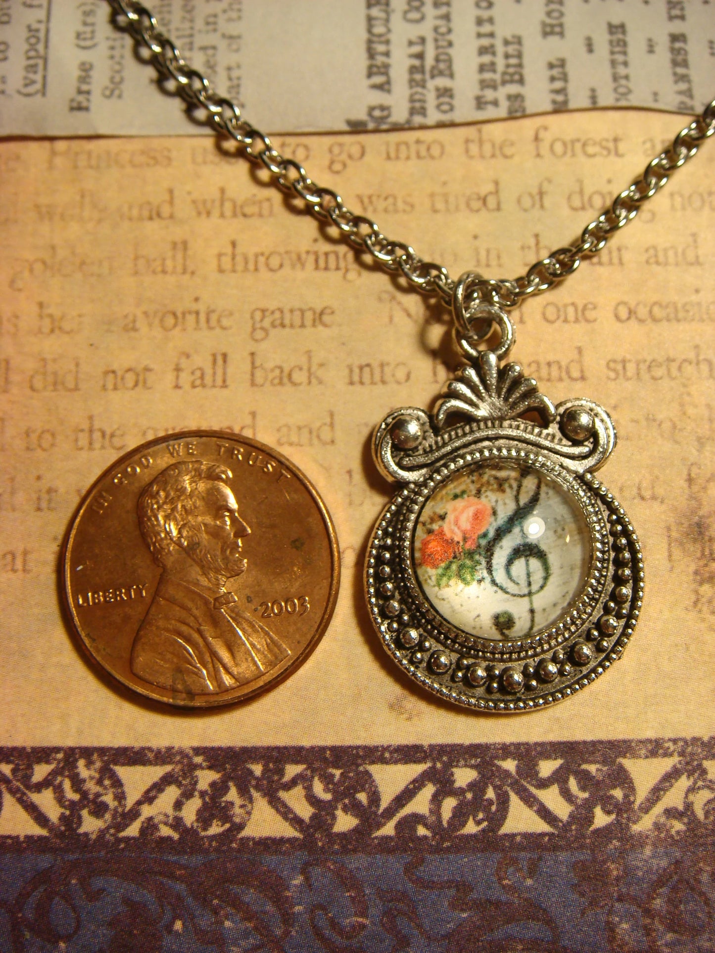 Floral Treble Clef Image Small Ornate Necklace