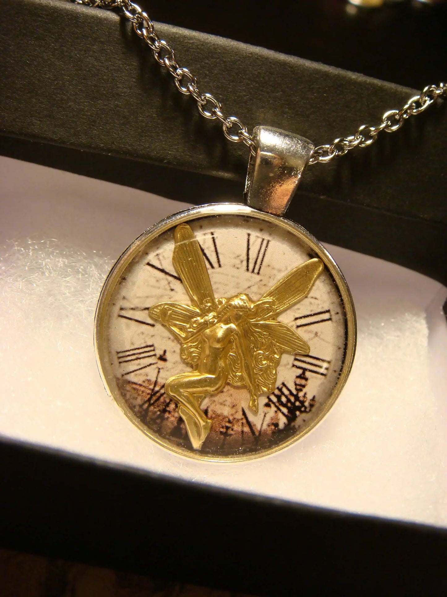 Fairy over Victorian Clock Pendant Necklace
