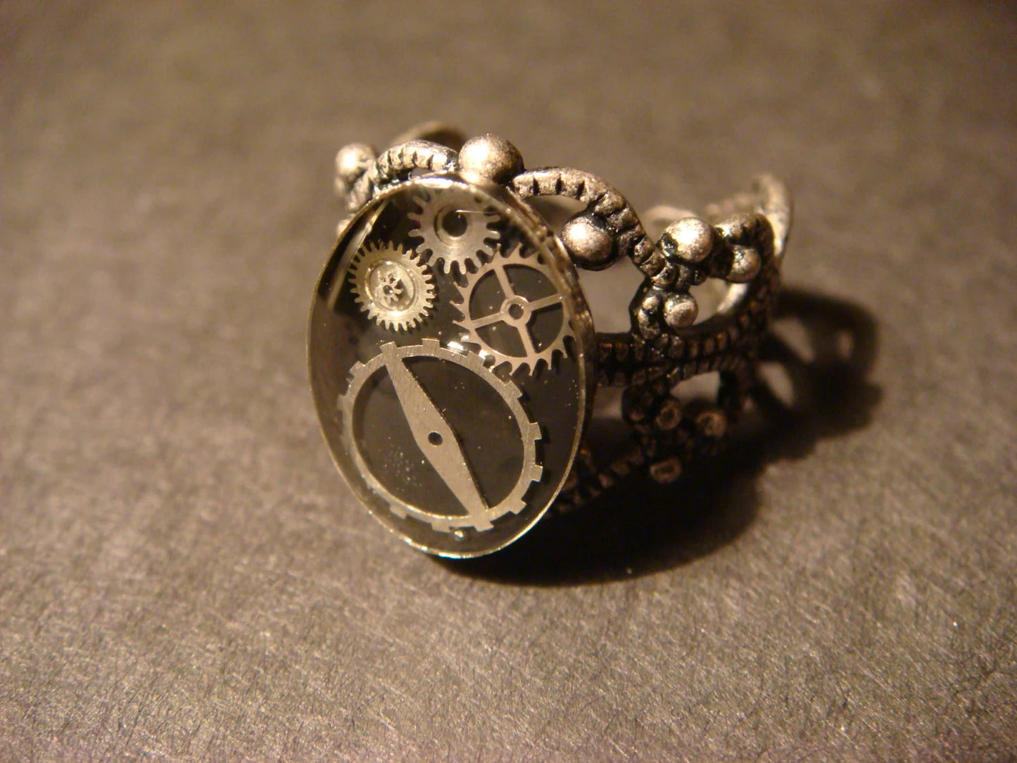 Gears and Watch Parts Filigree Ring in Antique Silver - Adjustable