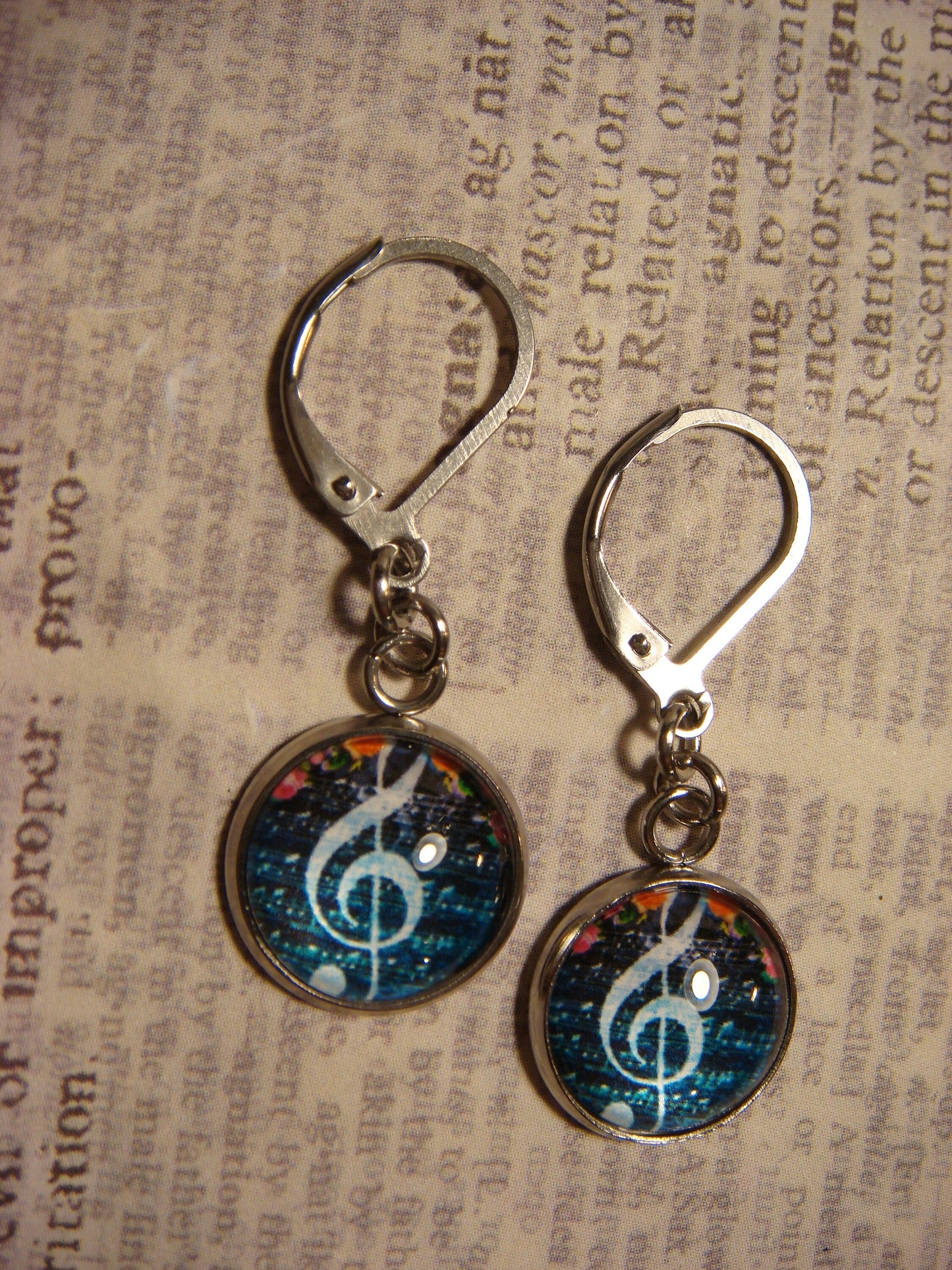 Floral Treble Clef Image Stainless Steel Dangle Earrings
