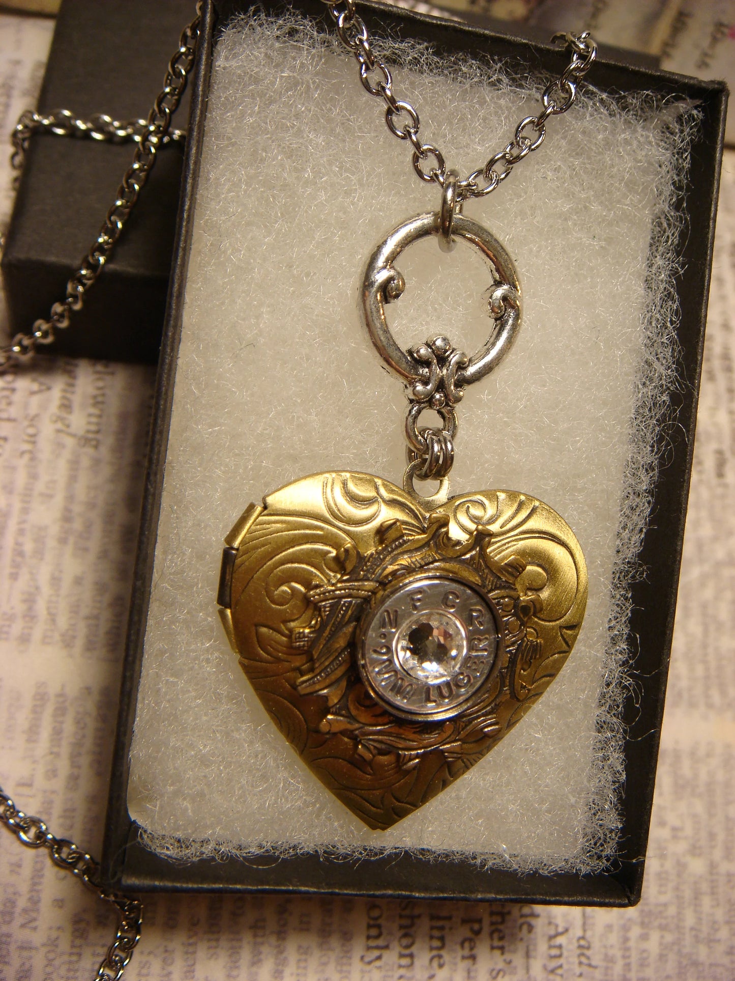 Bullet Slice Heart Locket Necklace in Antique Silver and Bronze