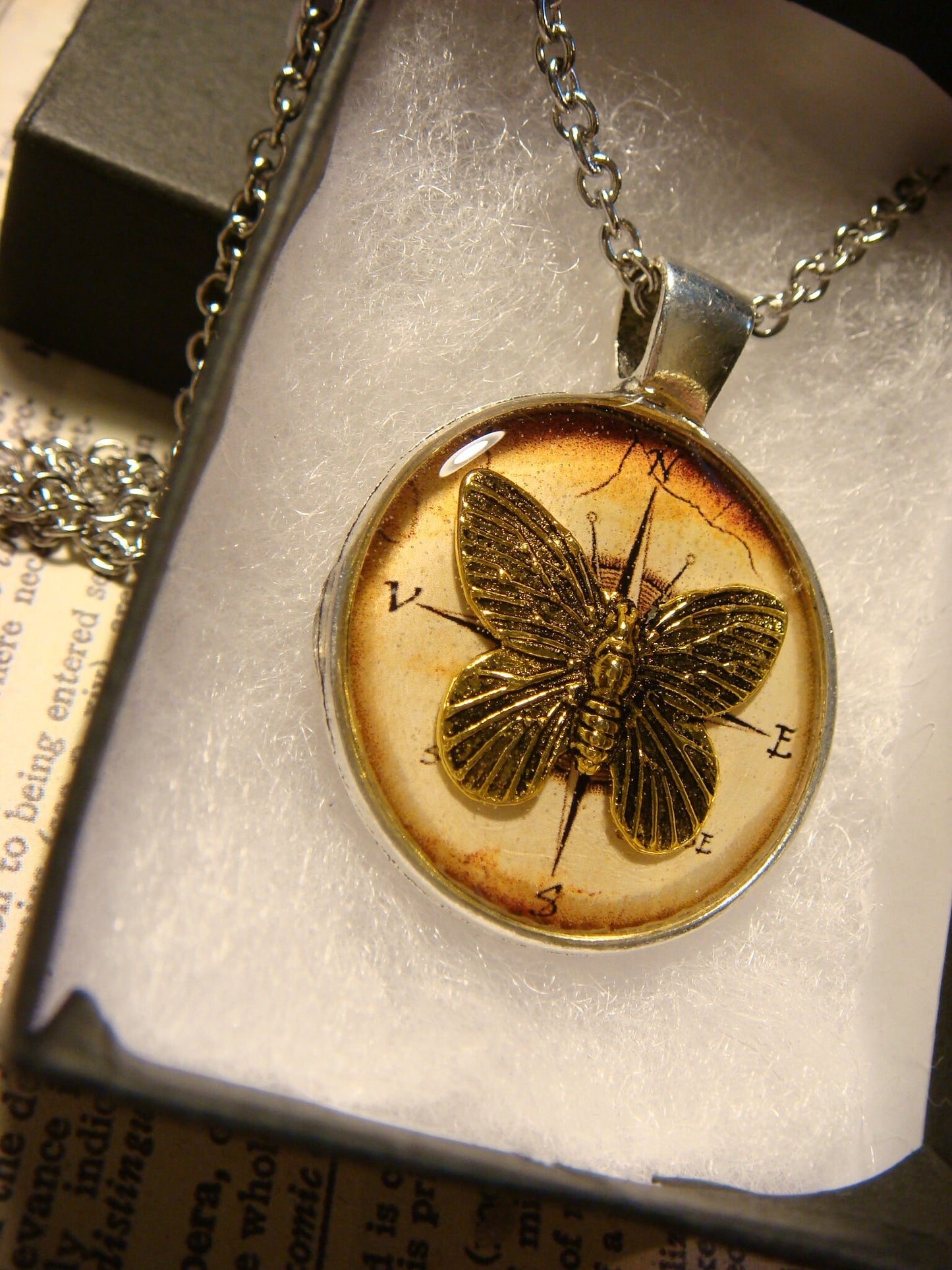 Butterfly over Compass Pendant Necklace