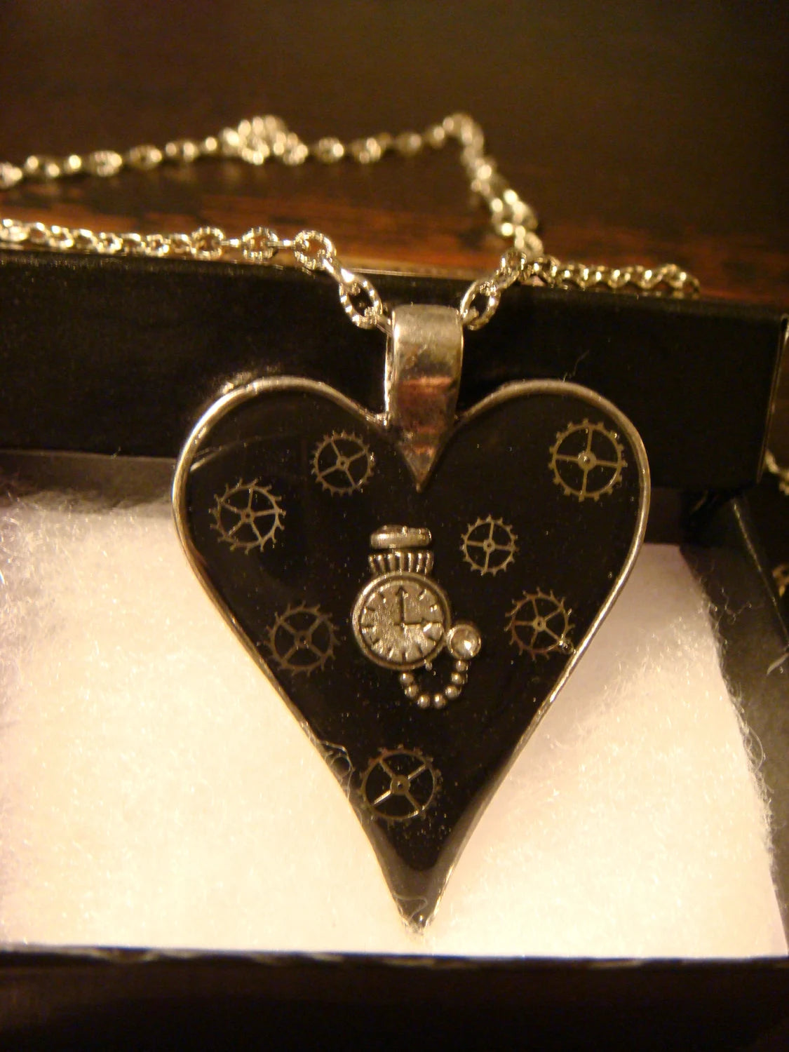 Black Heart with Pocket Watch and Gears Necklace