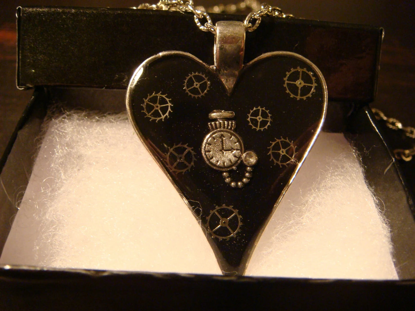 Black Heart with Pocket Watch and Gears Necklace