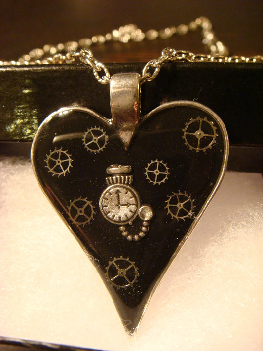 Black Heart with Pocket Watch and Gears Necklace