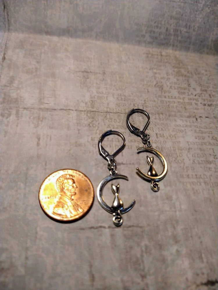 Cat on Moon Dangle Earrings in Antique Silver