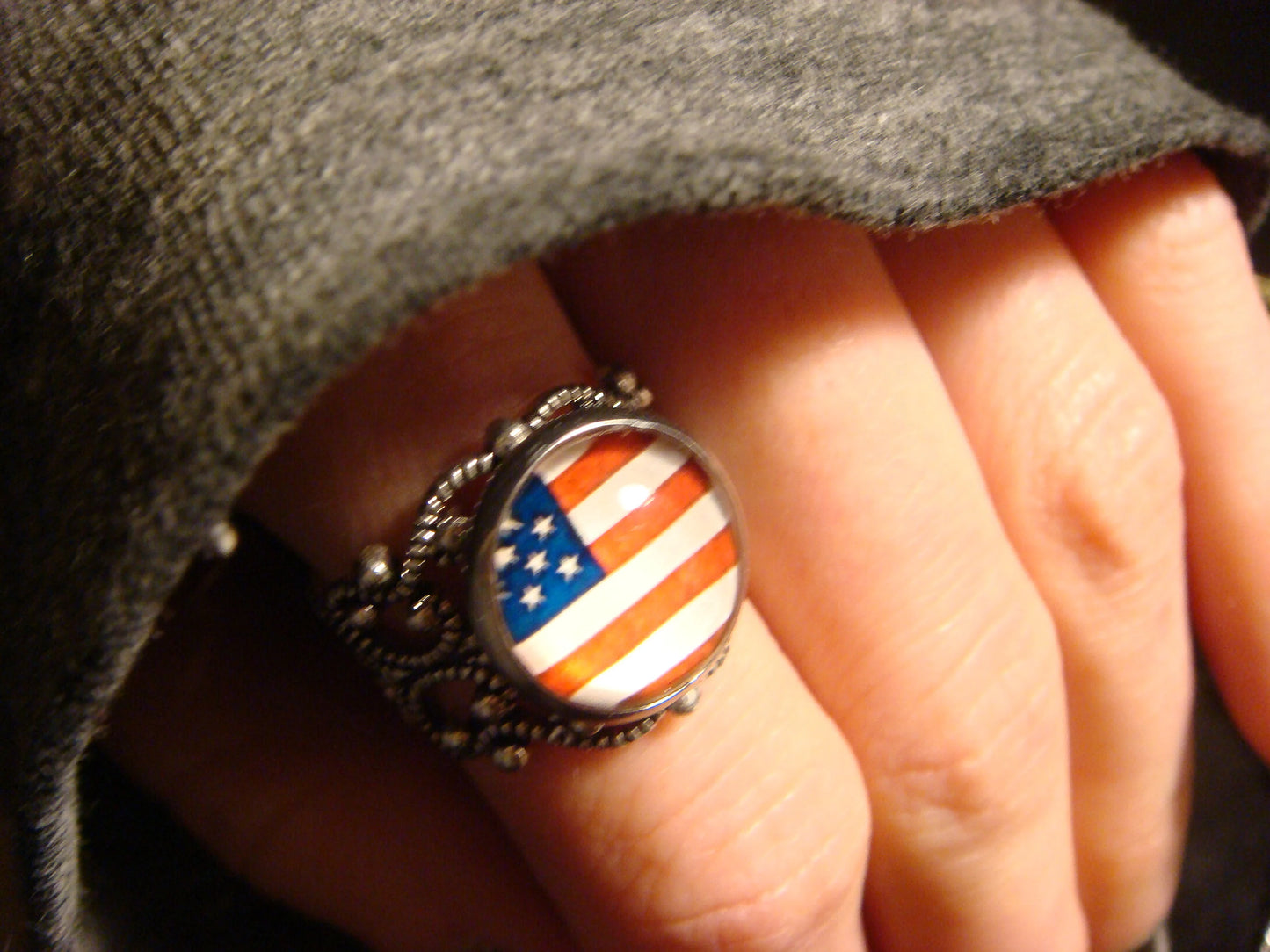 USA Flag Filigree Ring in Antique Silver - Adjustable