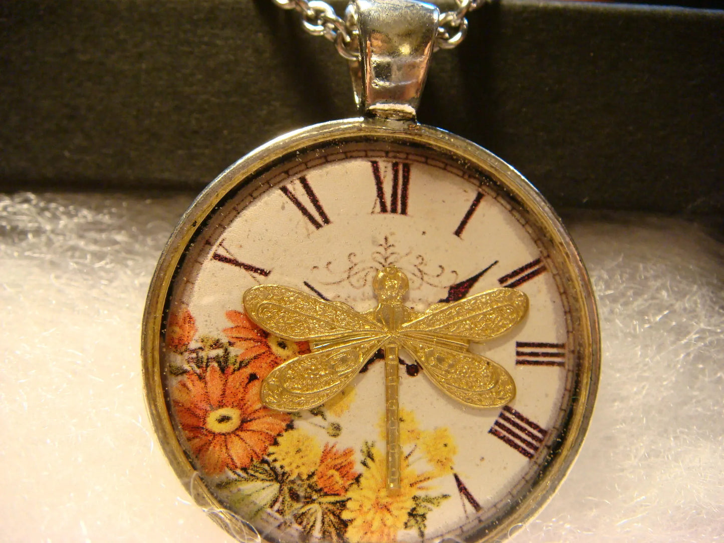 Dragonfly over Floral Clock Pendant Necklace