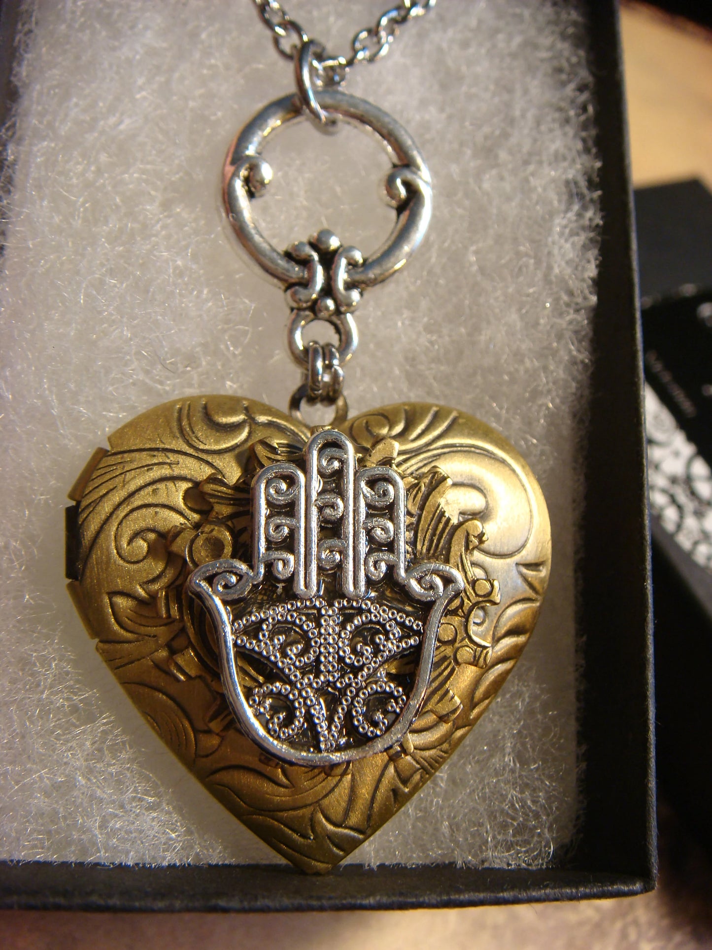 Hamsa Heart Locket Necklace in Antique Silver and Bronze