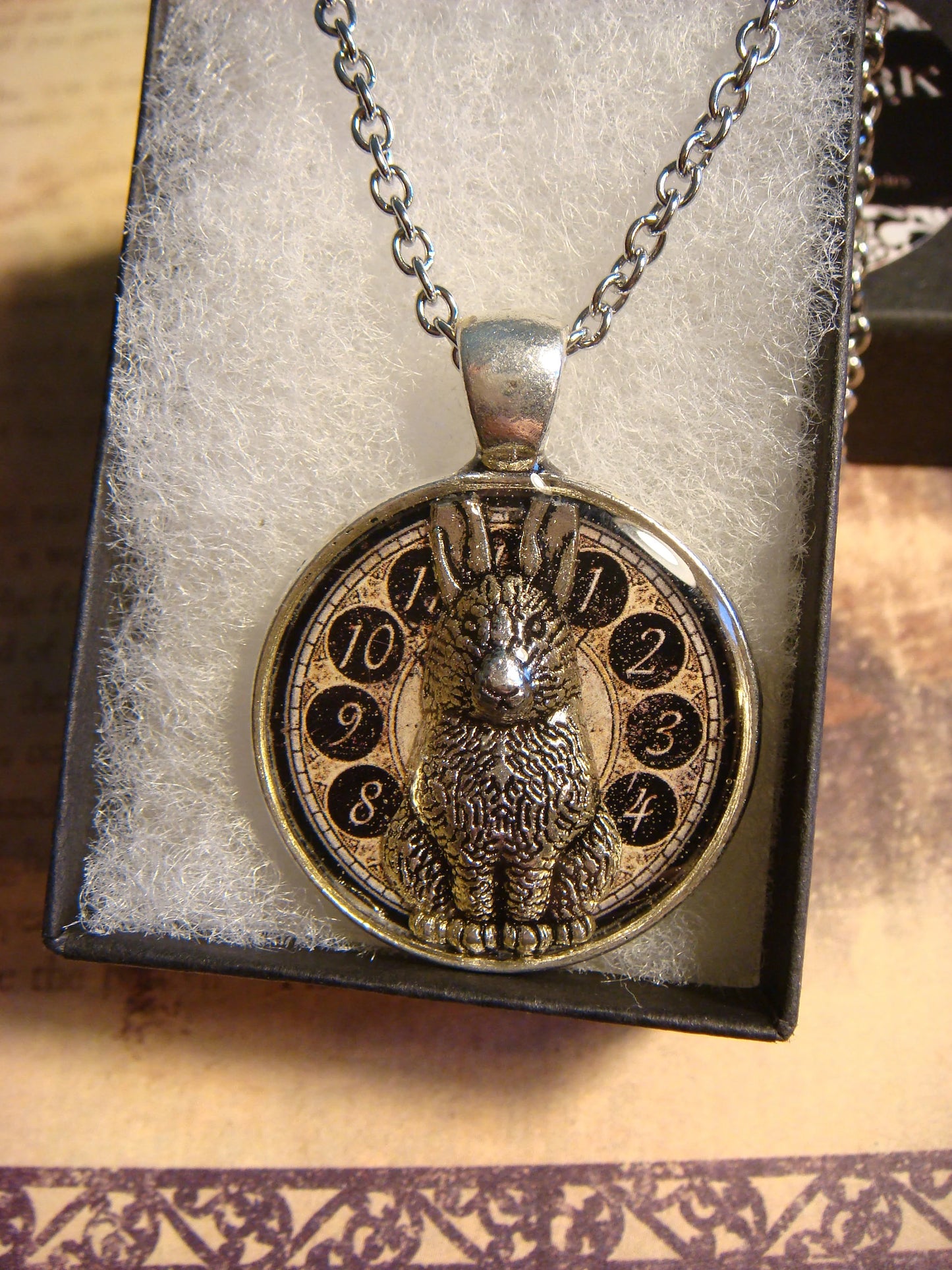 Bunny Rabbit over Clock Pendant Necklace