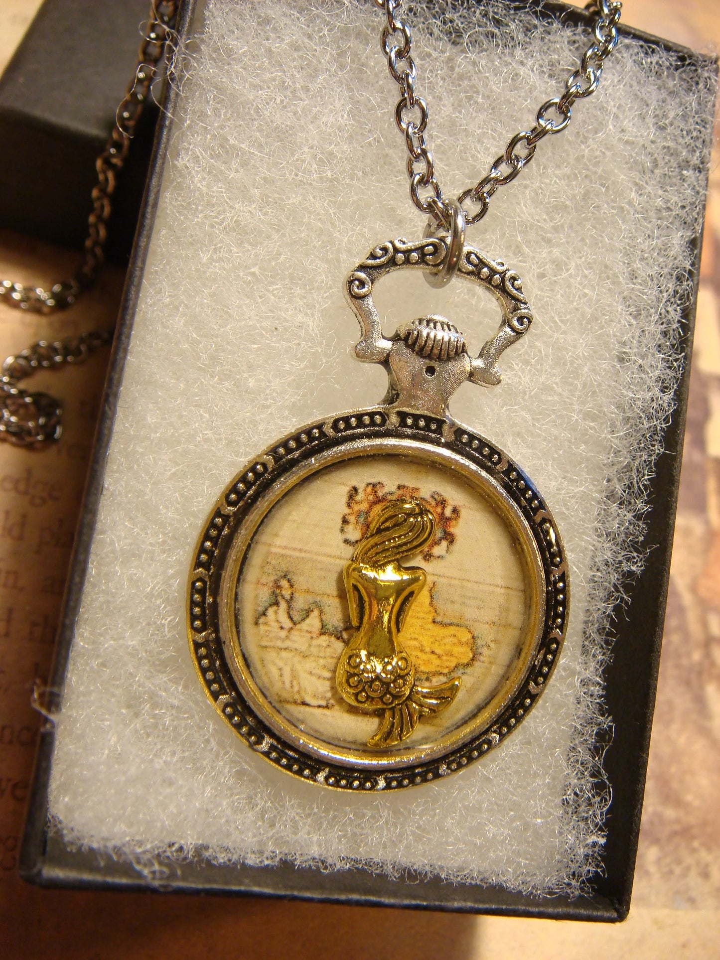 Mermaid over Map Pocket Watch Pendant Necklace