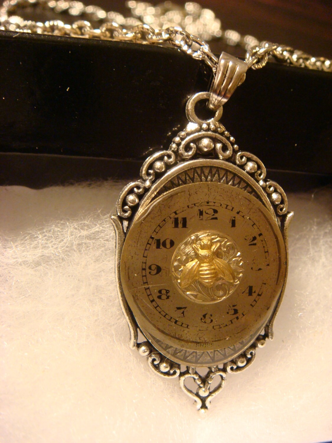 Bee on Upcycled Watch Face in See-thru Ornate Necklace