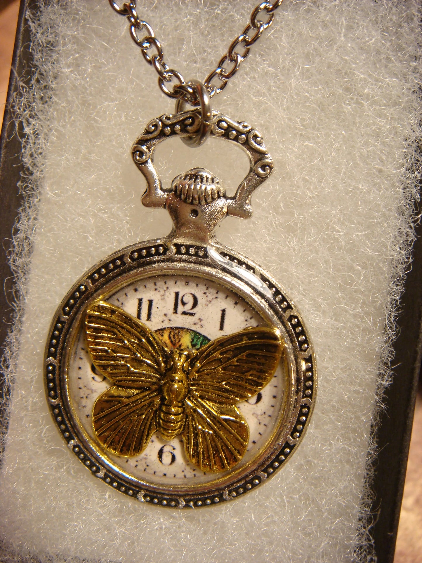 Butterfly over Clock Pocket Watch Pendant Necklace