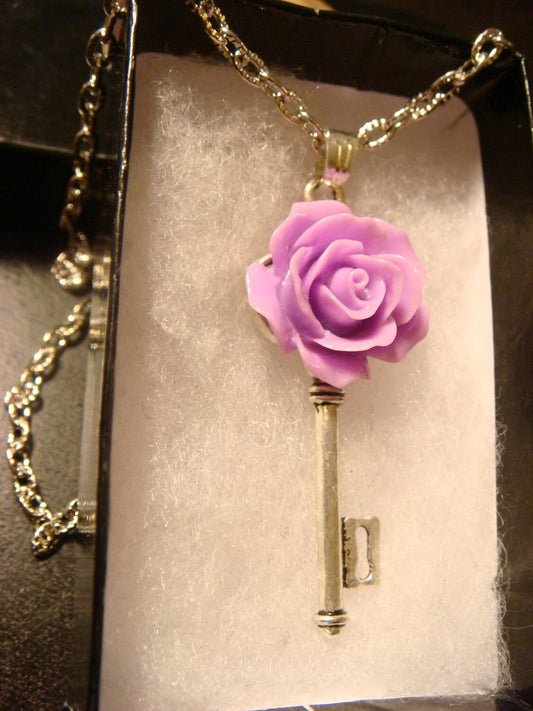 Pink Purple Rose Key Necklace