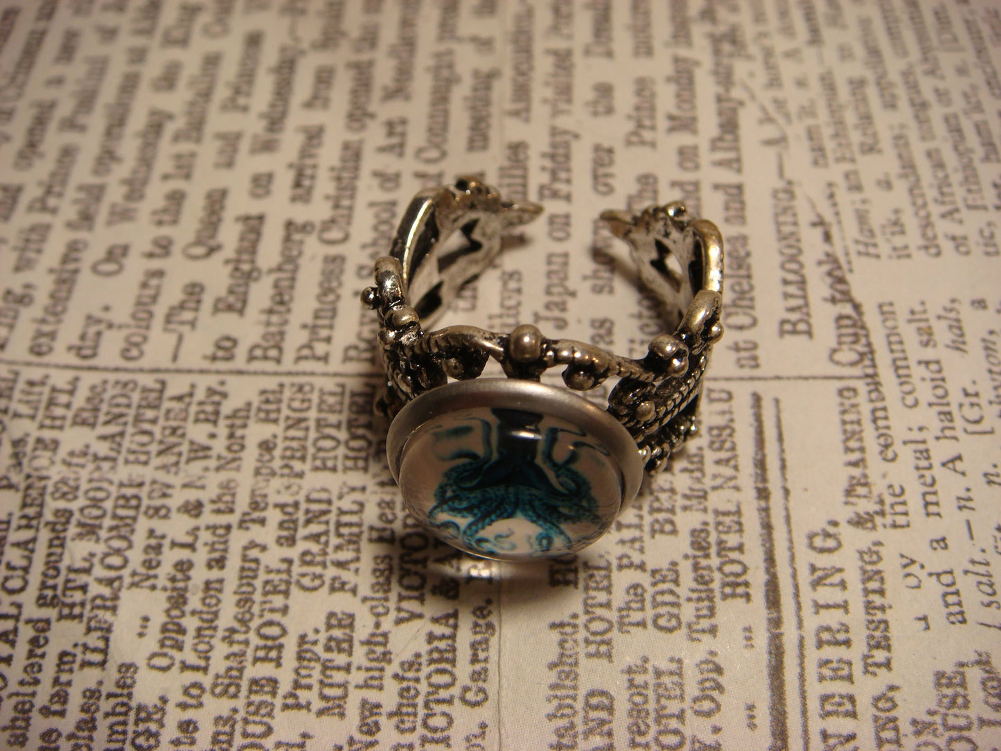 Blue Octopus Image Filigree Ring in Antique Silver - Adjustable