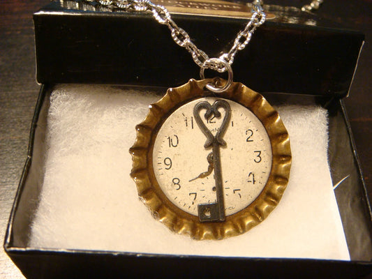 Key over Watch Face in Bottle Cap Necklace