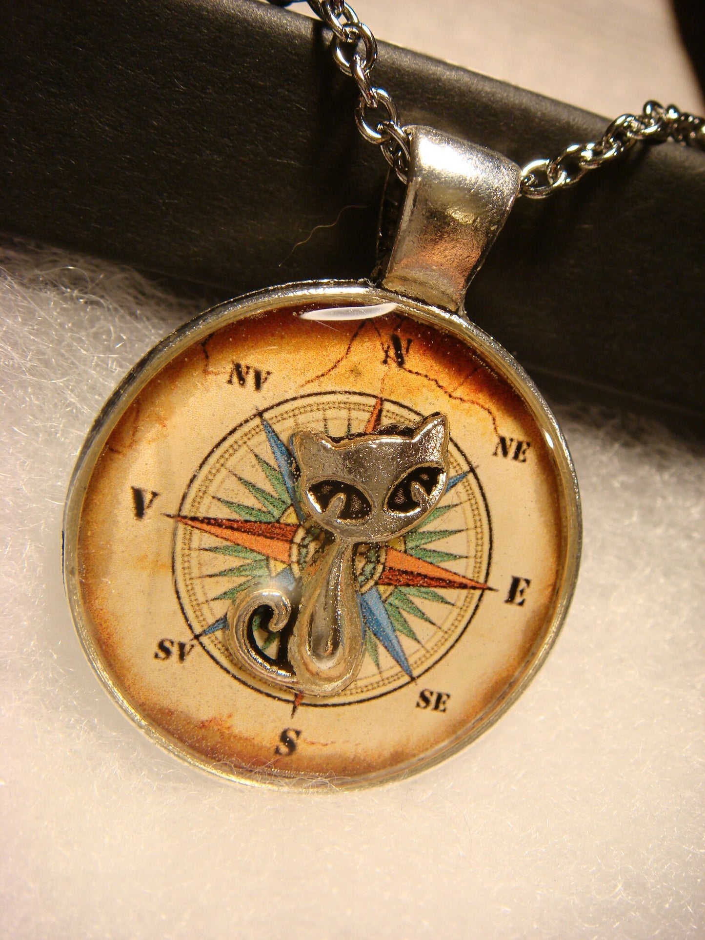 Cat over Compass Rose Pendant Necklace