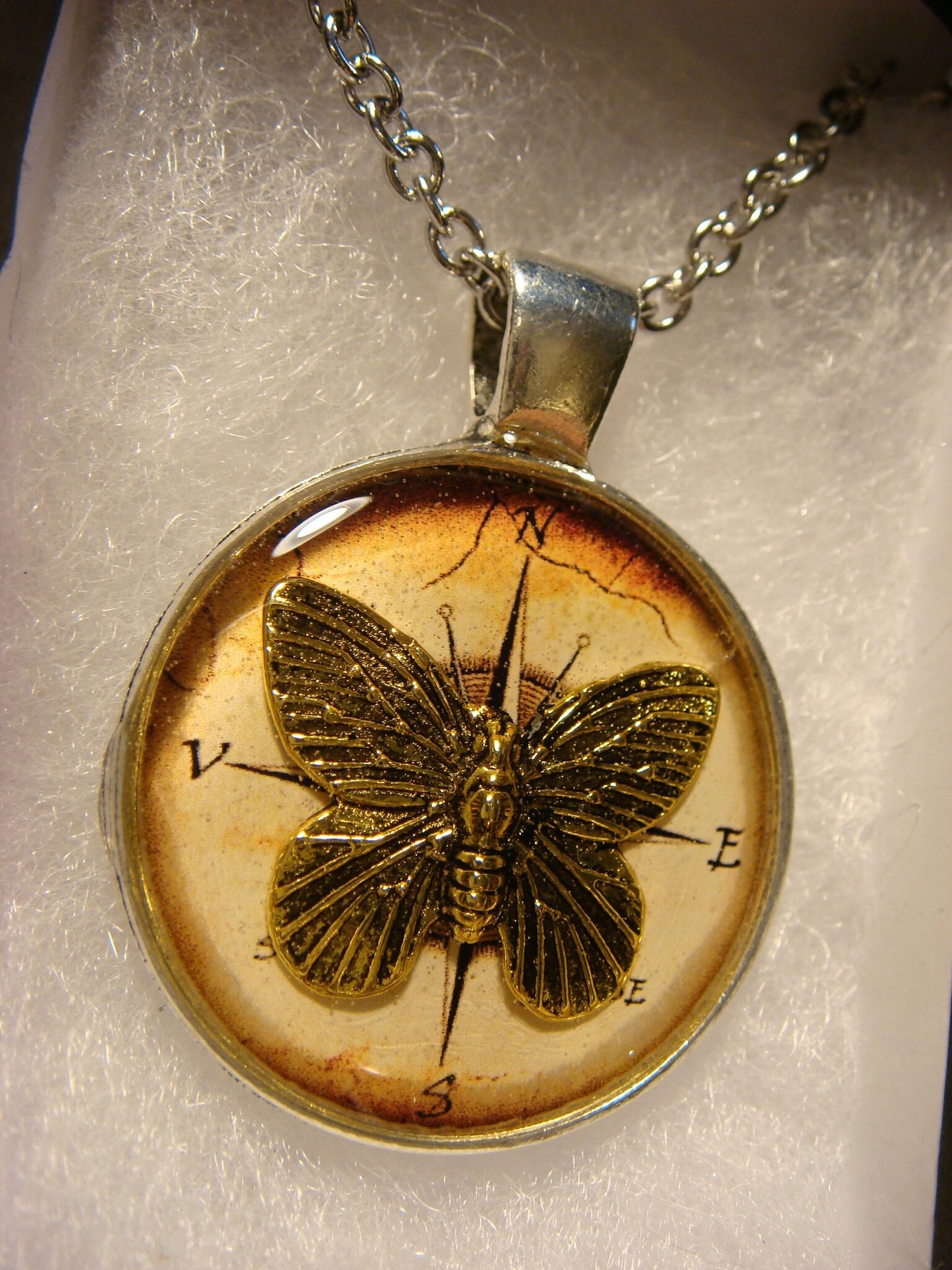 Butterfly over Compass Pendant Necklace