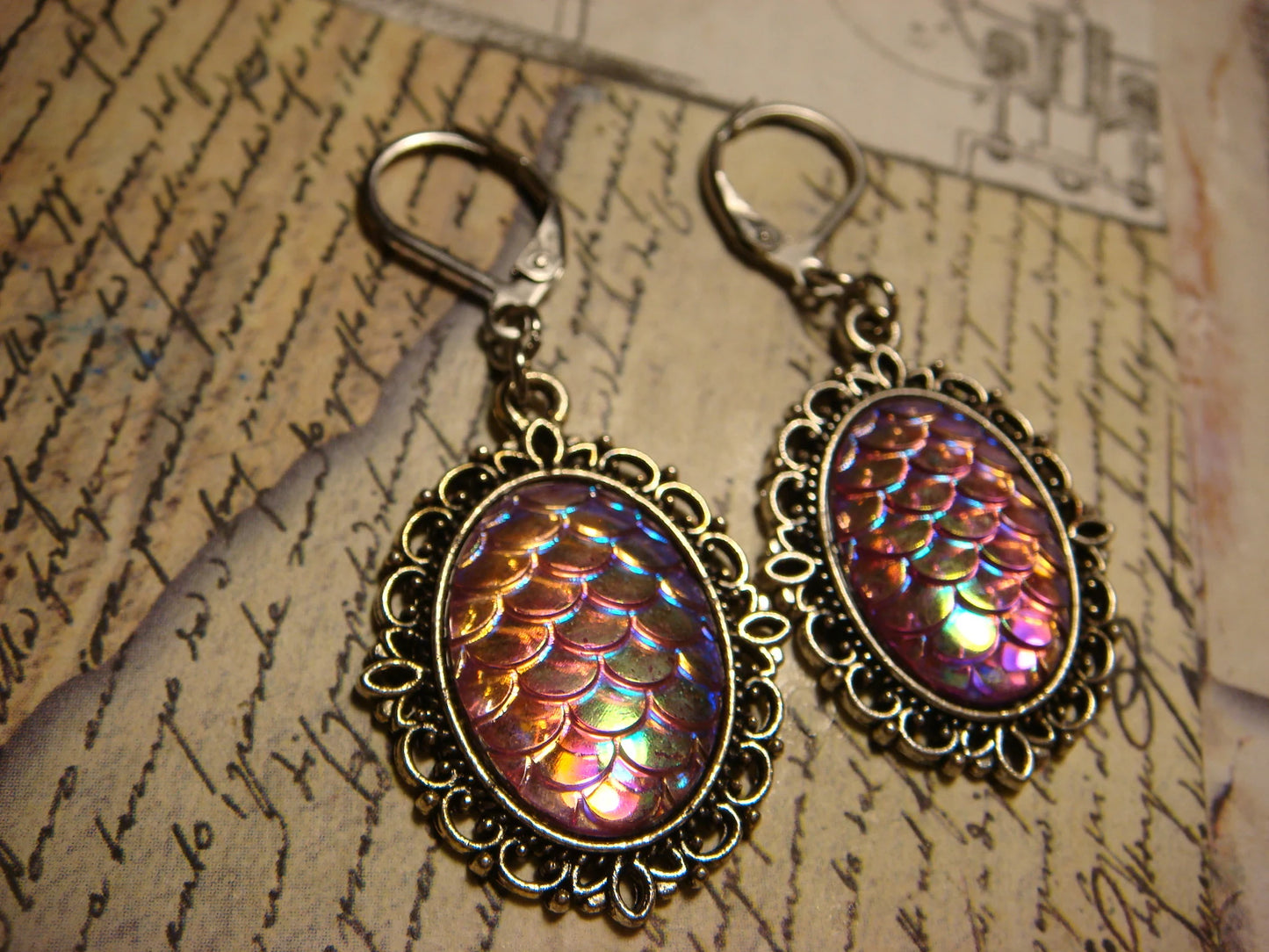 Iridescent Pink Scales Ornate Dangle Earrings