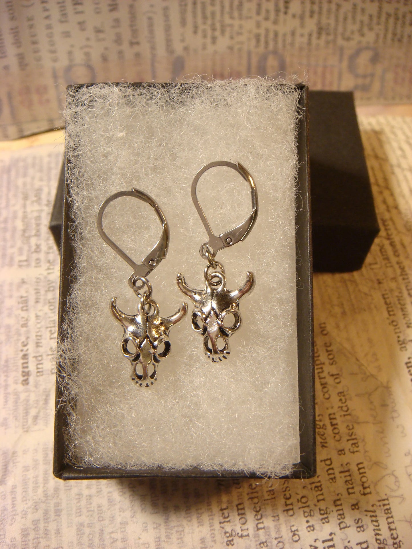 Bull Skull Dangle Earrings in Antique Silver