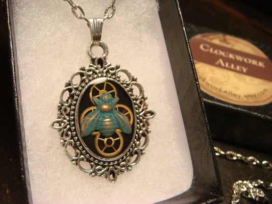Patina Bee and Gears Small Ornate Necklace
