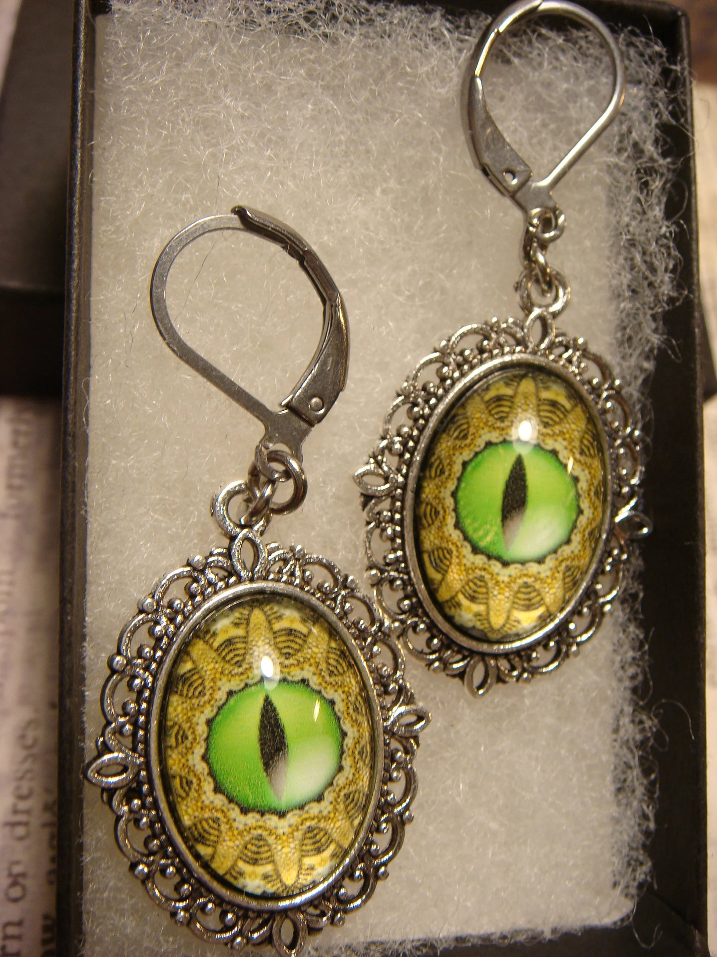 Green Eye Image Ornate Dangle Earrings