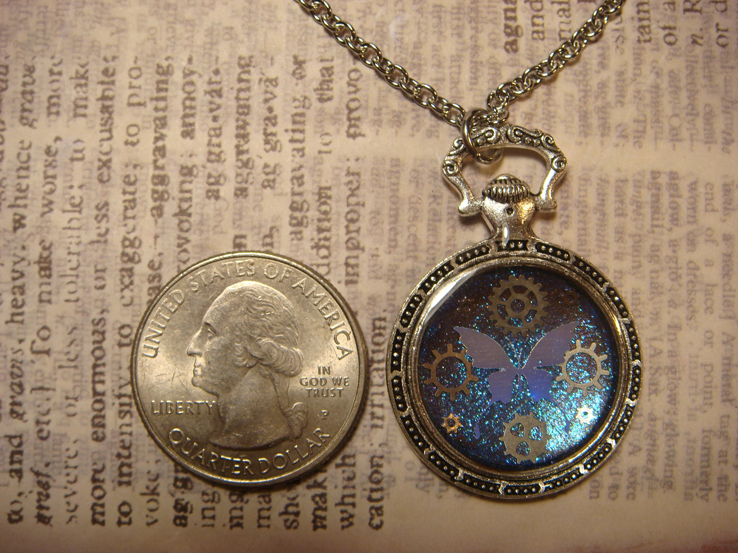 Butterfly and Gears Pocket Watch Pendant Necklace