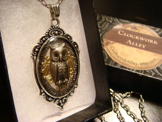 Owl on Gear in See-thru Ornate Necklace