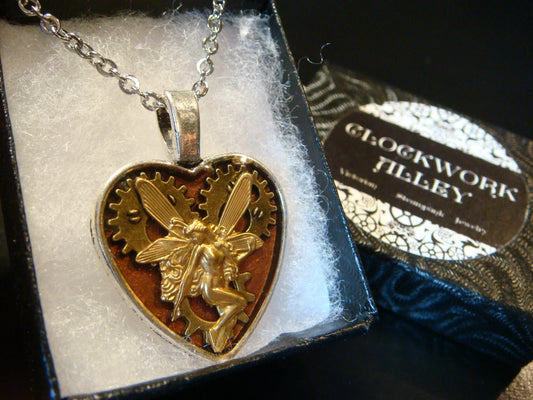 Fairy with Gears in Heart Pendant Necklace