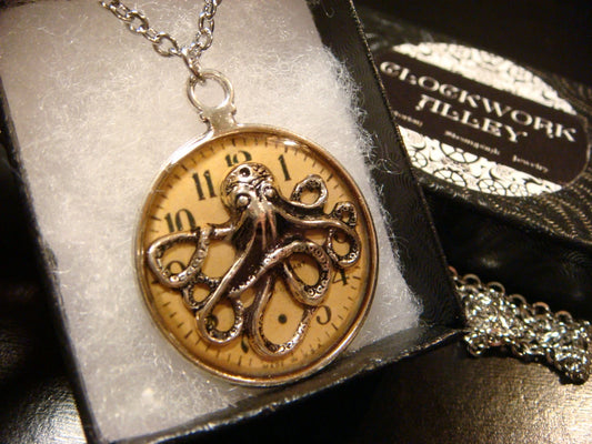 Octopus over Clock Pendant Necklace