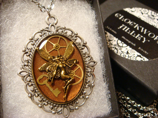 Fairy with Tiny Key and Gears Ornate Necklace