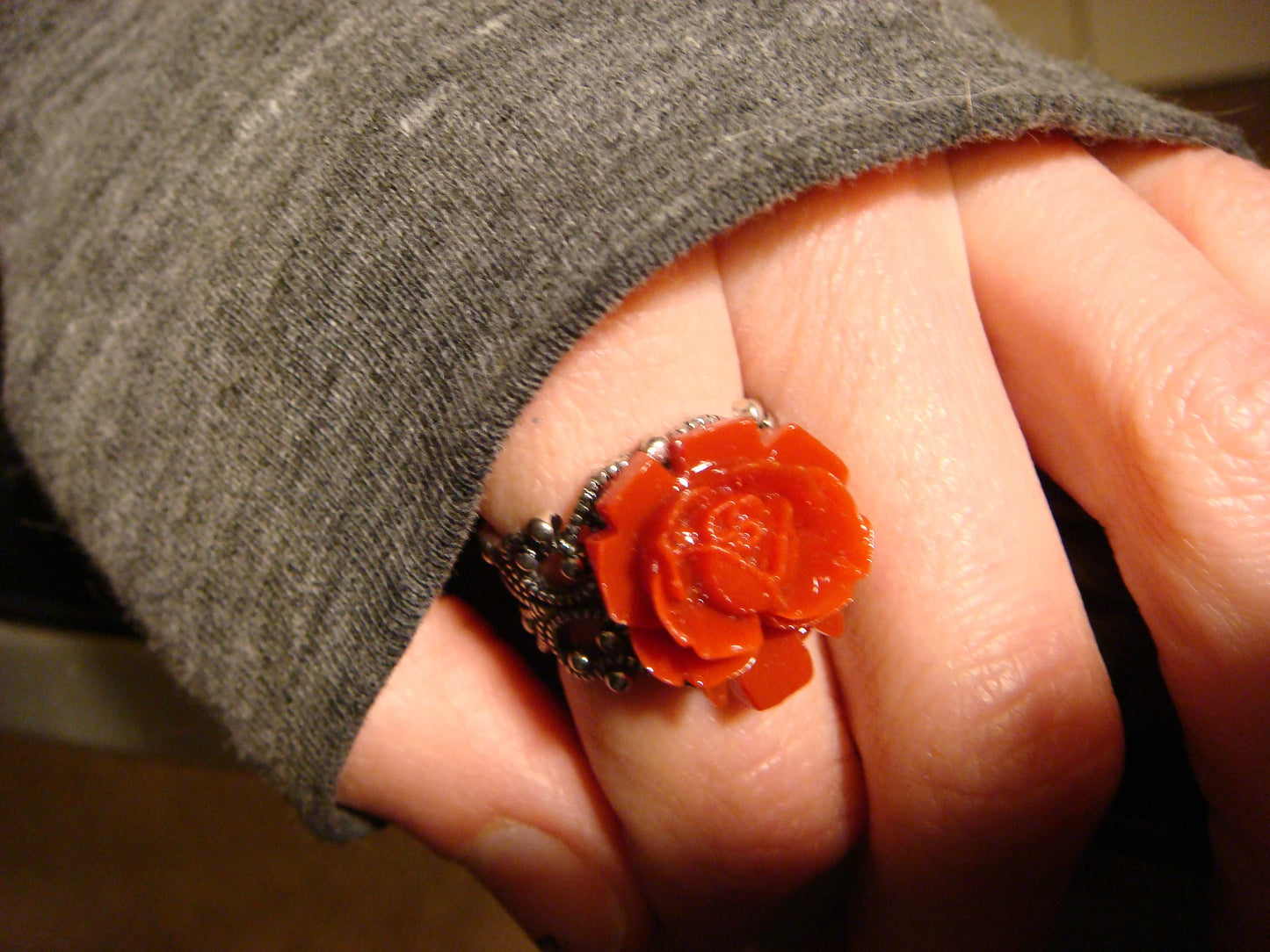 Red Rose Filigree Ring in Antique Silver - Adjustable