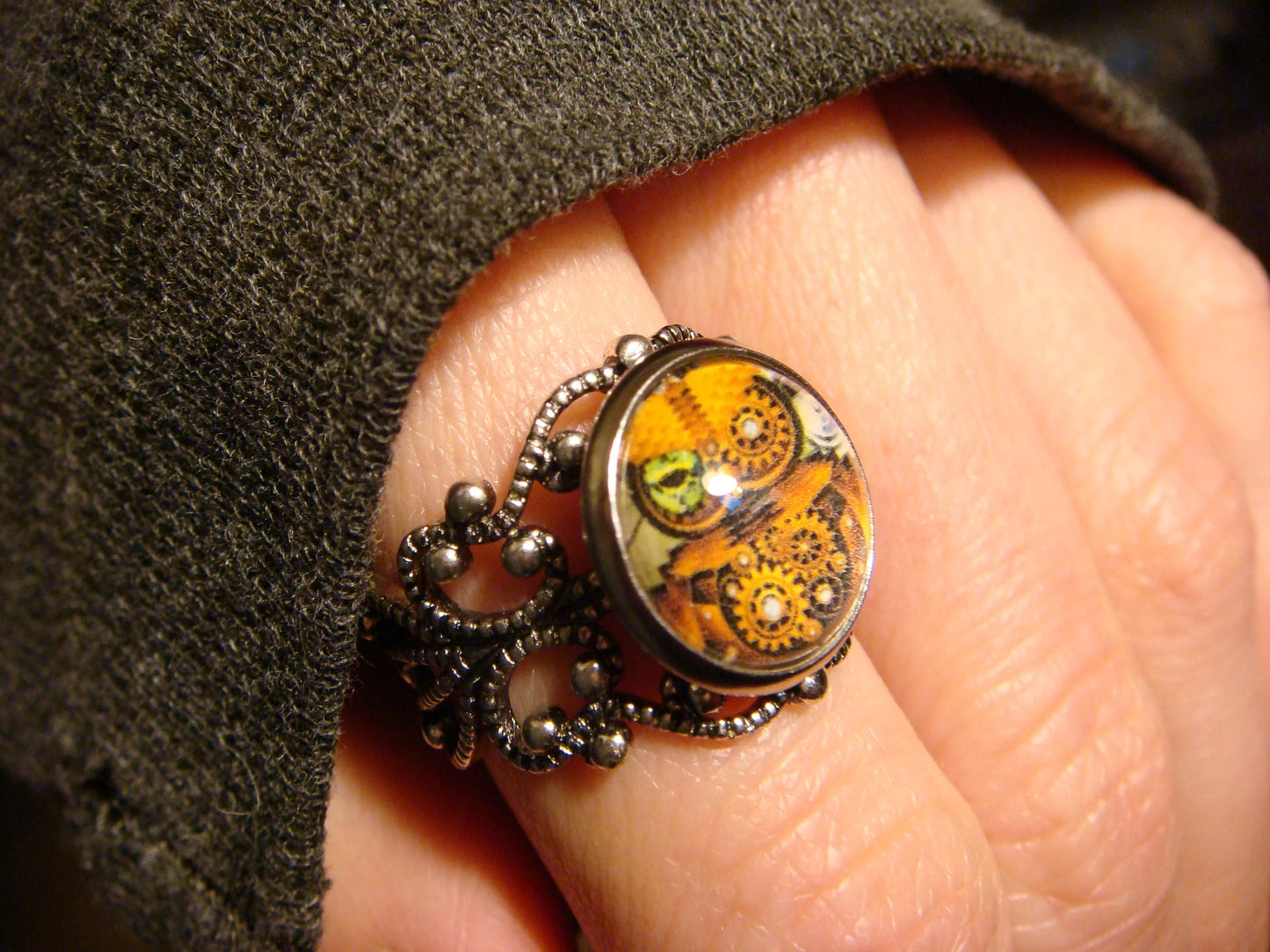 Steampunk Owl Image Filigree Ring in Antique Silver - Adjustable