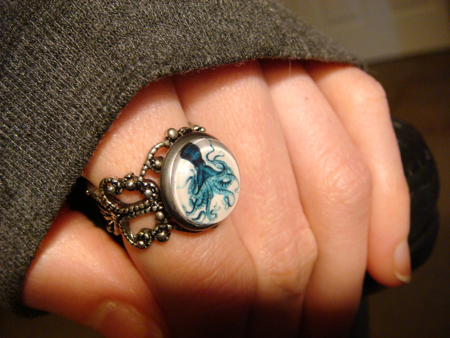 Blue Octopus Image Filigree Ring in Antique Silver - Adjustable