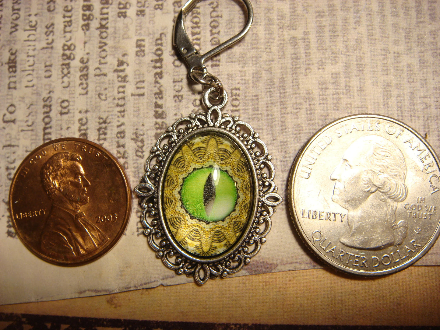 Green Eye Image Ornate Dangle Earrings