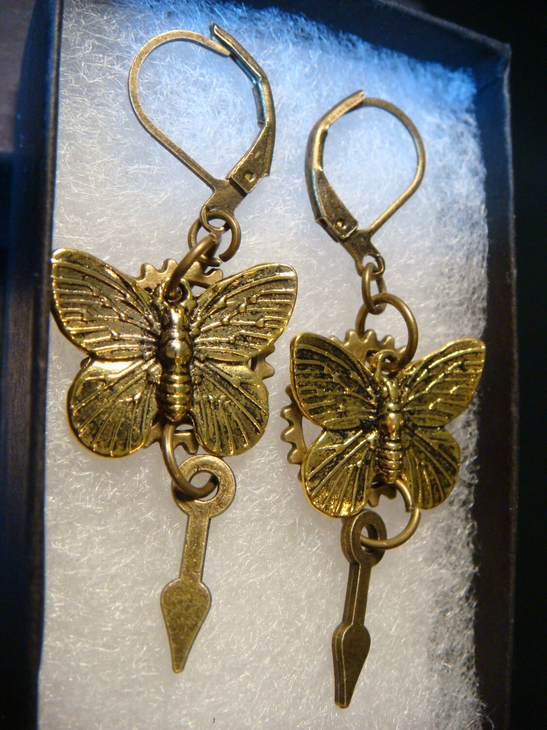 Butterfly and Gear Dangle Earrings in Antique Bronze