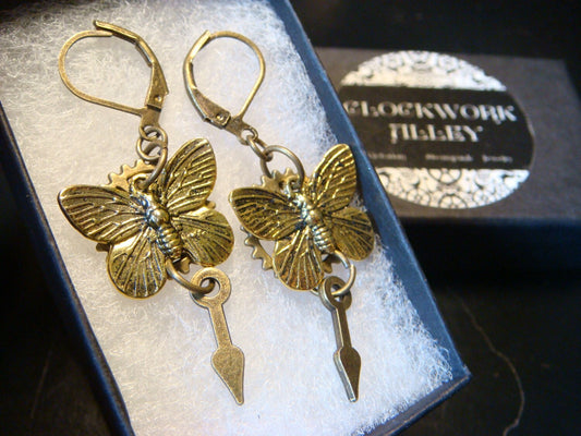 Butterfly and Gear Dangle Earrings in Antique Bronze