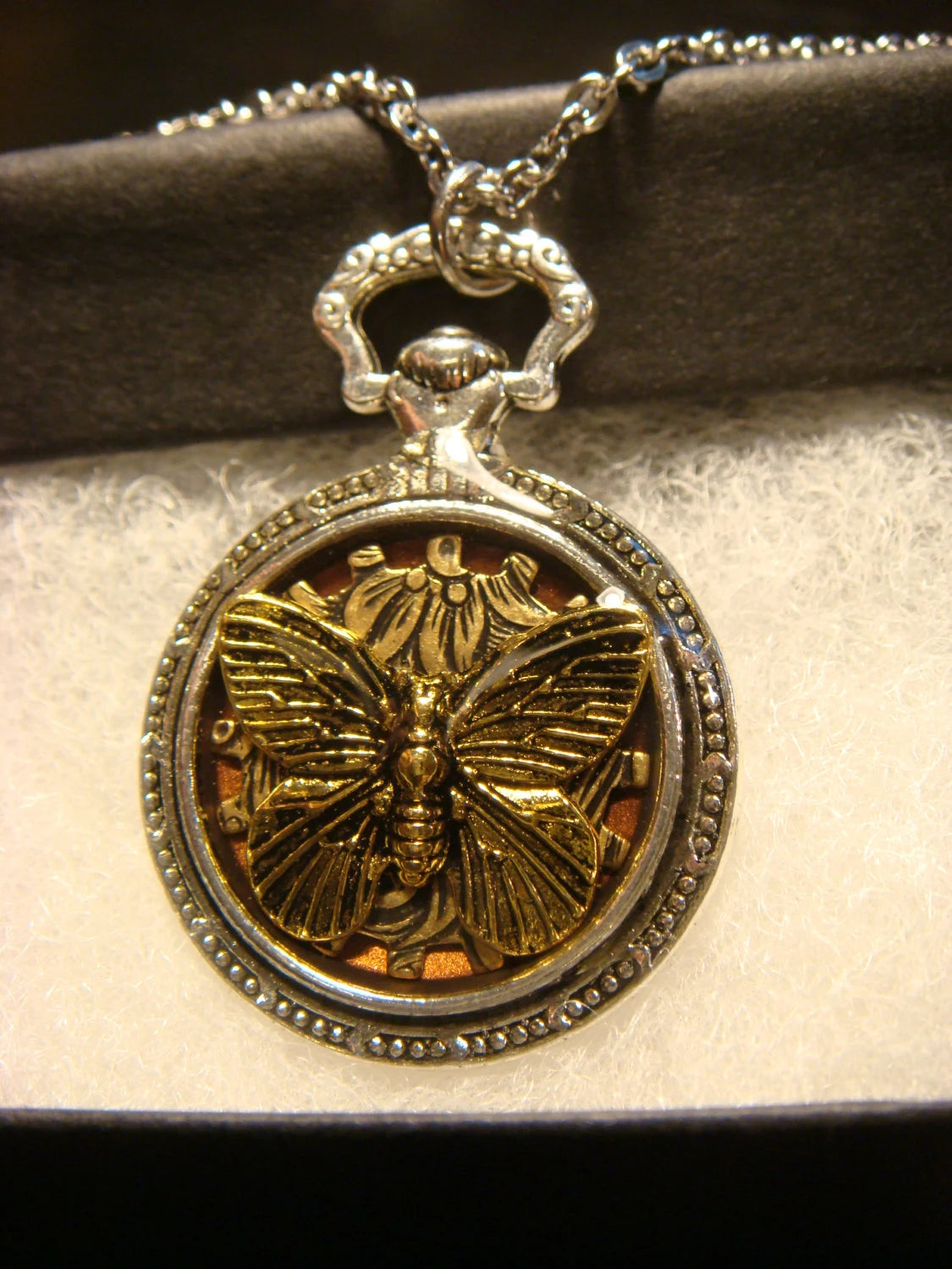 Butterfly over Etched Gear Pocket Watch Pendant Necklace