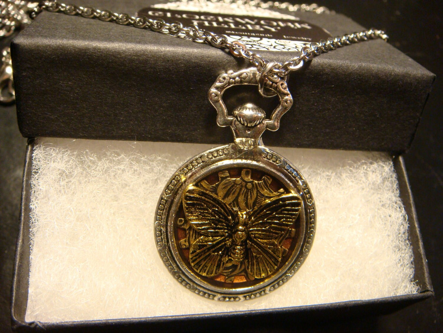 Butterfly over Etched Gear Pocket Watch Pendant Necklace