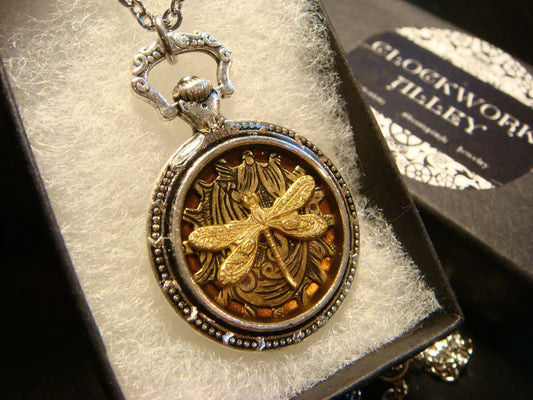 Dragonfly over Etched Gear Pocket Watch Pendant Necklace