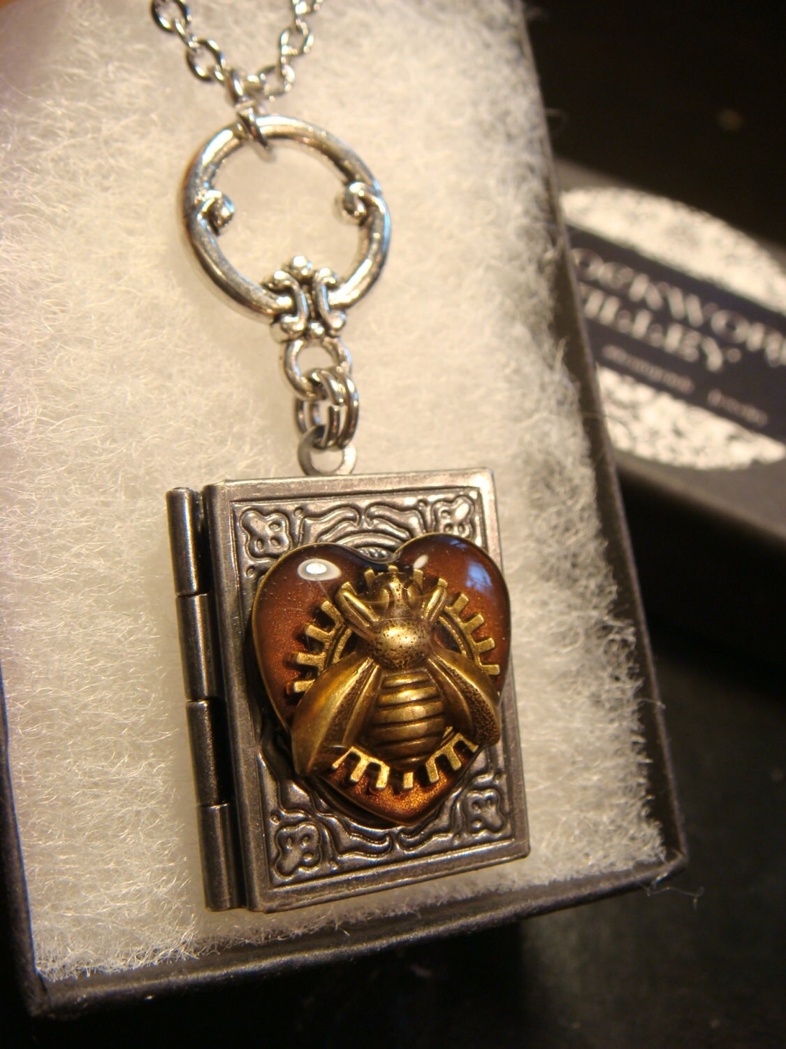 Bee and Gear Heart Book Locket Necklace