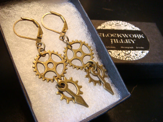 Gears, Cogs and Watch Hands Dangle Earrings - Bronze